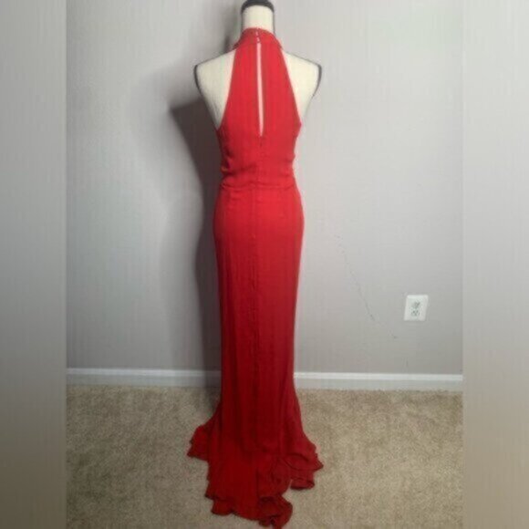 Vintage Red Halter Plunged Neckline Gown with Elegant Ruffle Detail Maxi Dress - Picture 9 of 12